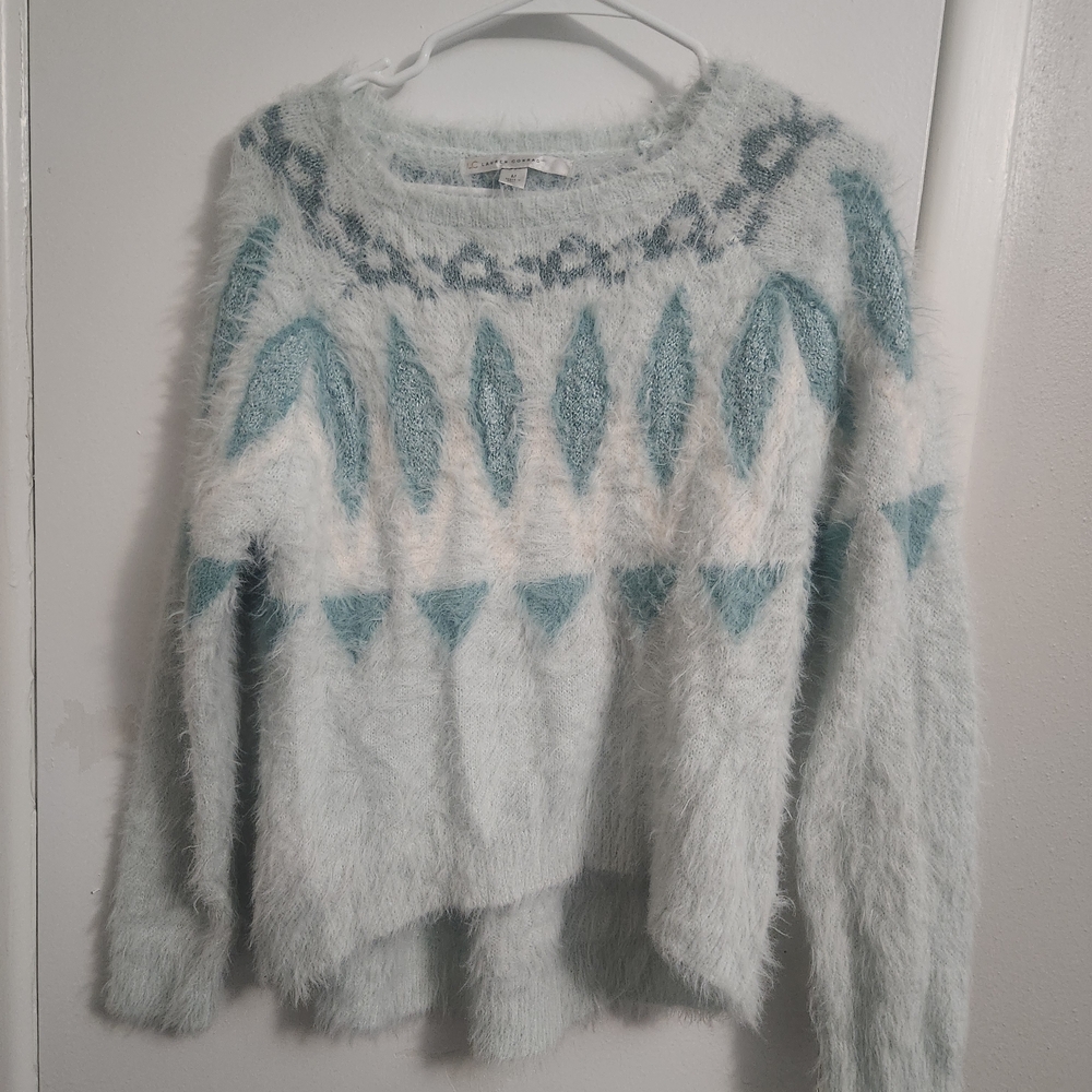 LC Lauren Conrad Fuzzy Teal and White Sweater